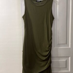 Olive Green Sleeveless Ruched Midi Dress